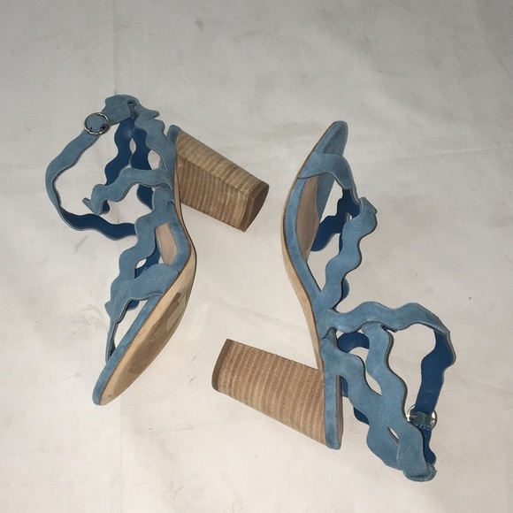 PAIGE Blue Sage Scalloped Strappy Sandals Block Heel Suede 7 NEW - Picture 9 of 12